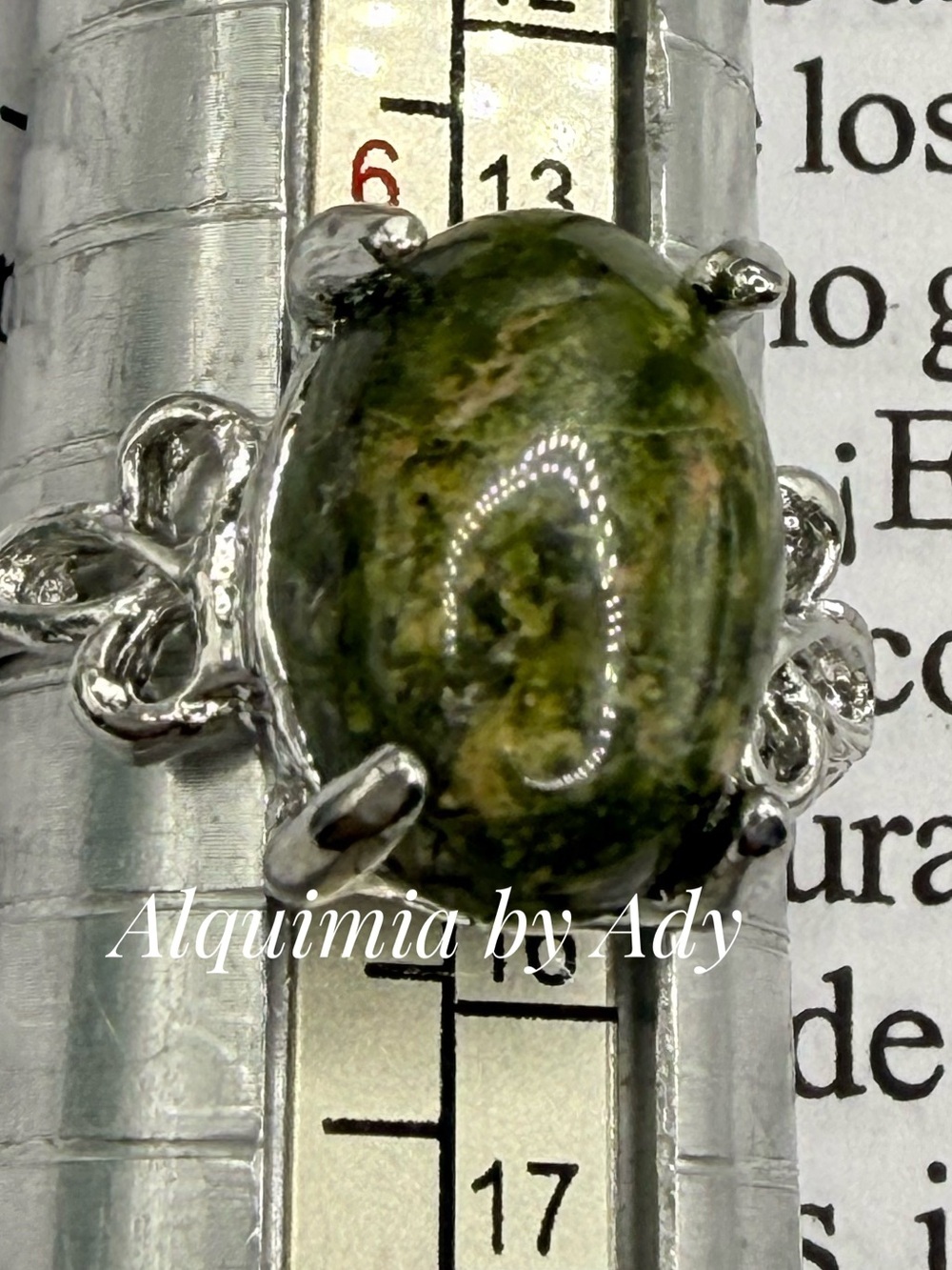 Olive Green unakite Oval Stone Ring in Silver Vine Setting